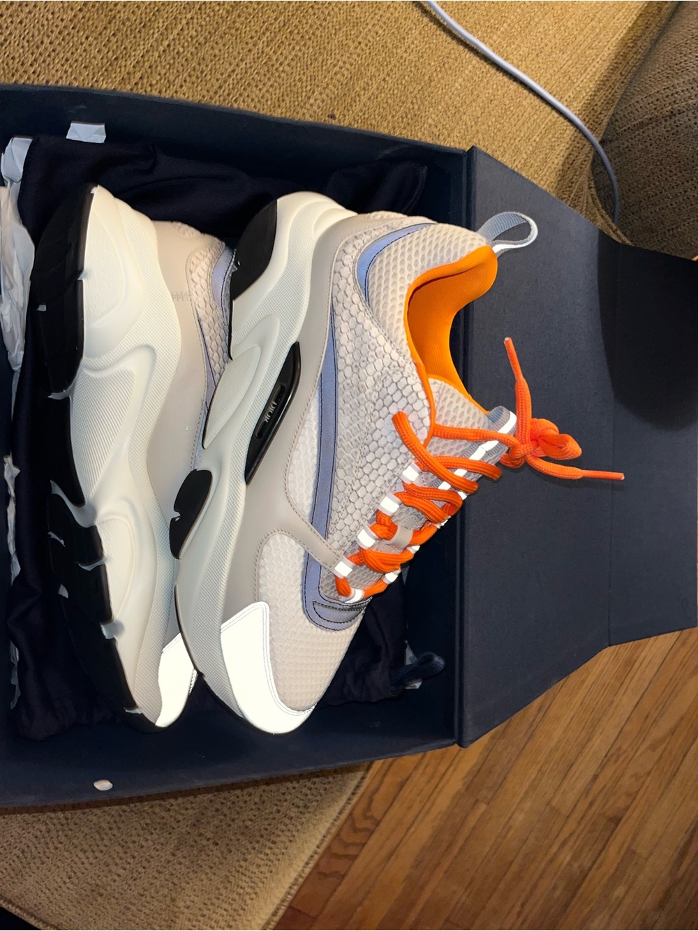 Dior Men's White Cream Gray Sneakers with Orange Accents - Picture 2 of 5